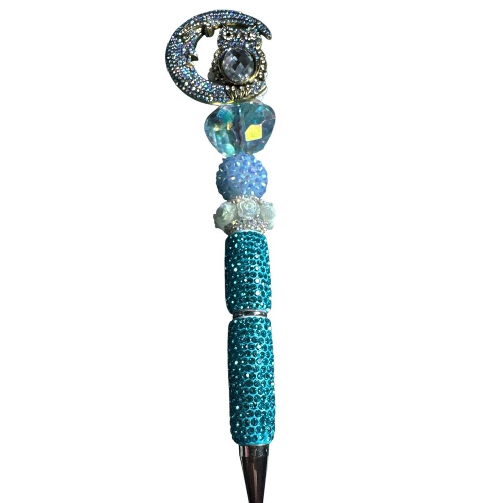 Handcrafted Blue Rhinestone Pen With Crystal Owl & Moon Charm Beaded Handle Styl
